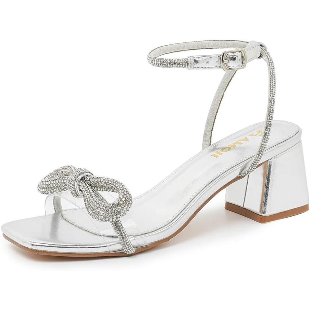 NEW Amoji Rhinestone Clear Block Heel Sandals Size 9 Ankle Strap Bow 341